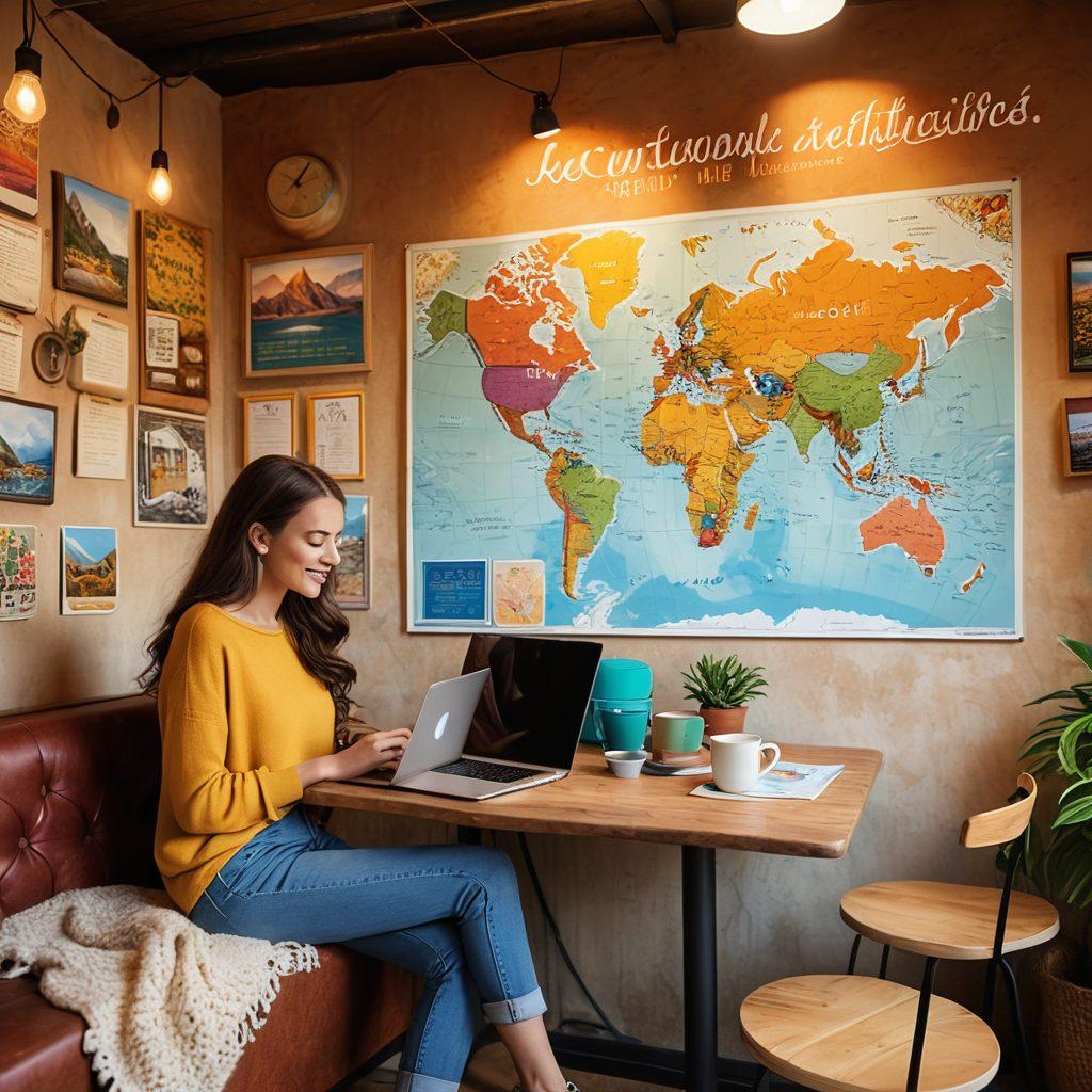 A traveler joyfully using a laptop to book a flight at a cozy cafe, with a wall lined with travel posters and hints of wanderlust in the background. A steaming cup of coffee next to them, and a glowing map on the laptop screen highlighting various destinations. Bright and inviting atmosphere, capturing the excitement of planning a journey. super-realistic. vibrant colors. cozy ambiance.