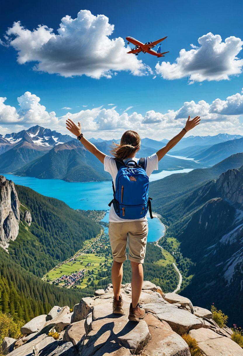 A confident traveler soaring above breathtaking landscapes, with a backdrop of majestic mountains and vibrant blue skies. The traveler, wearing a stylish backpack, enjoys the moment with arms wide open, embodying freedom and adventure. Include elements like an airplane in the distance and scattered clouds to evoke a sense of journey. super-realistic. vibrant colors.