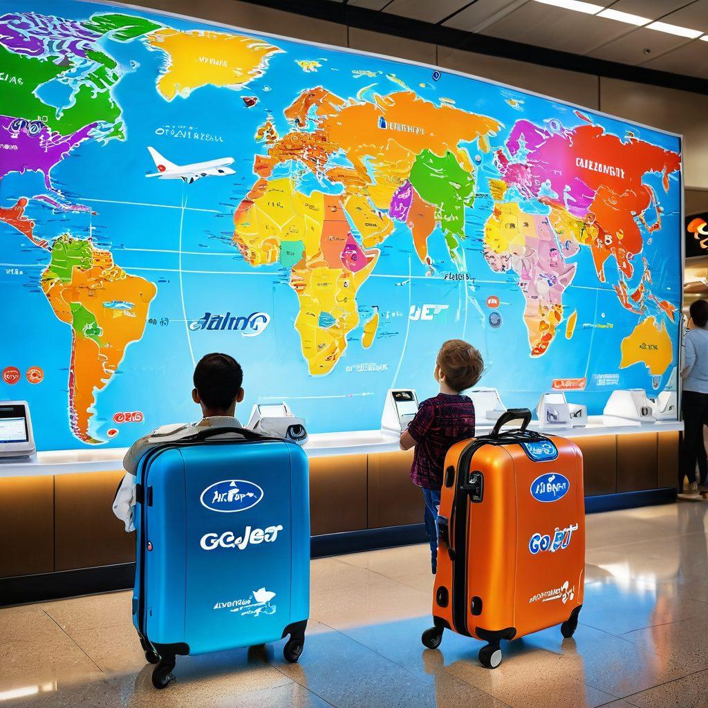 A traveler standing at an airport check-in counter, excitedly looking at a tablet showcasing the Go Jet Airline logo and flight options. Surrounding them are colorful travel posters, a suitcase with travel stickers, and a world map on the wall. A bright, optimistic atmosphere with soft sunlight streaming through the airport windows. super-realistic. vibrant colors. warm lighting.